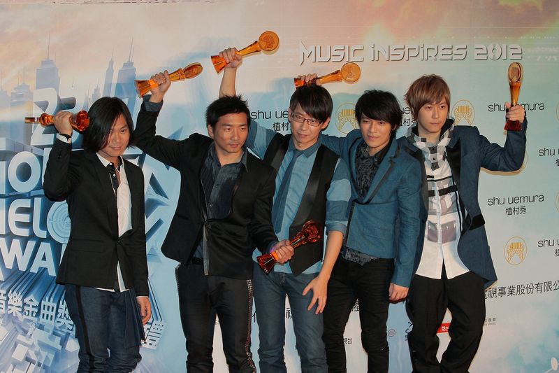 FILE PHOTO: Taiwan pop band Mayday pose after winning the Best Song of The Year, the Best Album Composer, the Best Arranger, the Best Composer, the Best Mandarin Album of the Year and the Best Musical group categories at the 23rd Golden Melody Awards in Ta