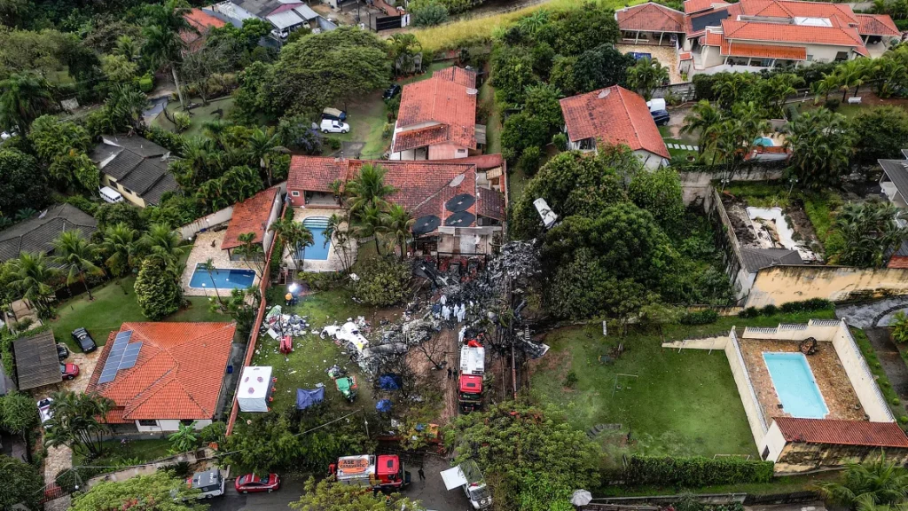 wreckage of an airplane that crashed with 61 people on board in Vinhedo