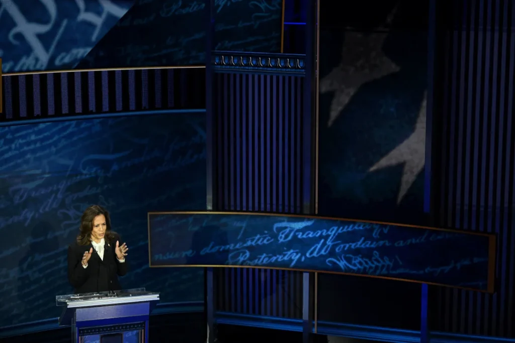 Harris speaks during a presidential debate with Trump