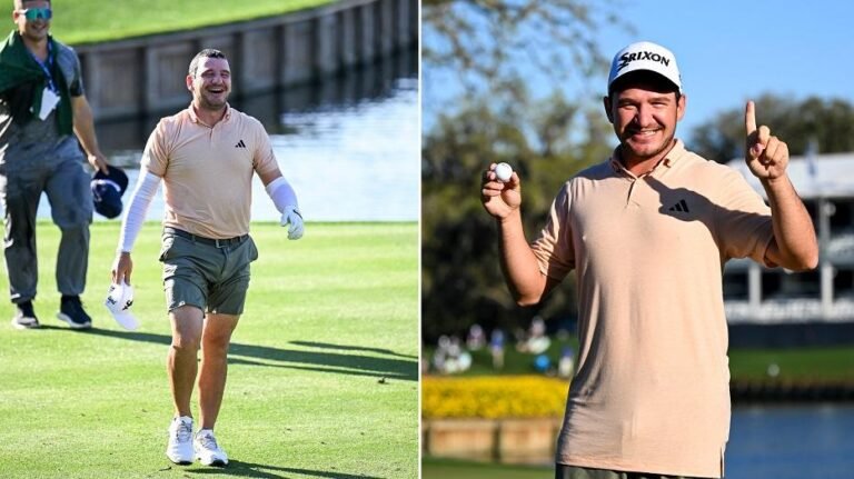 Alejandro Tosti jumps into the water at The Players Championship after making hole-in-one